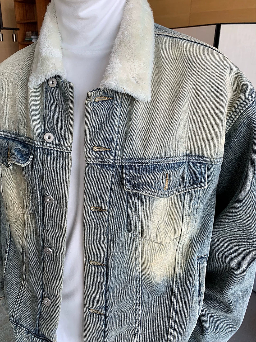 Retro Lambskin Wool Collar Denim Jacket-The Korean Fashion