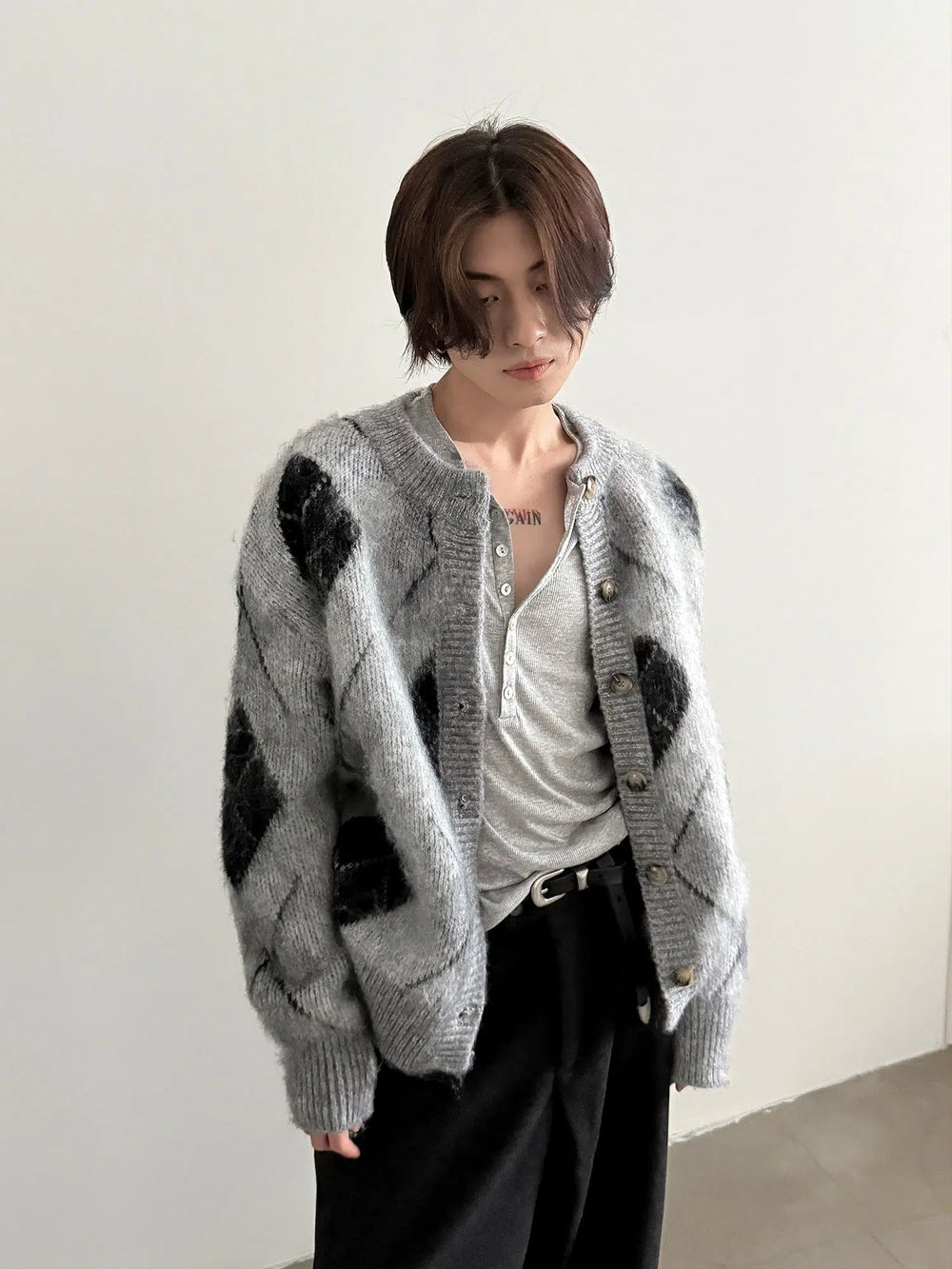 Retro Fleece Diamond Knitted Cardigan Sweater-The Korean Fashion