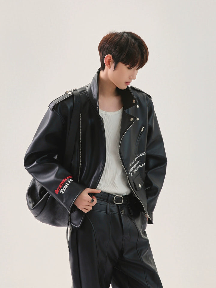 Letter Print Leather Motorcycle Jacket