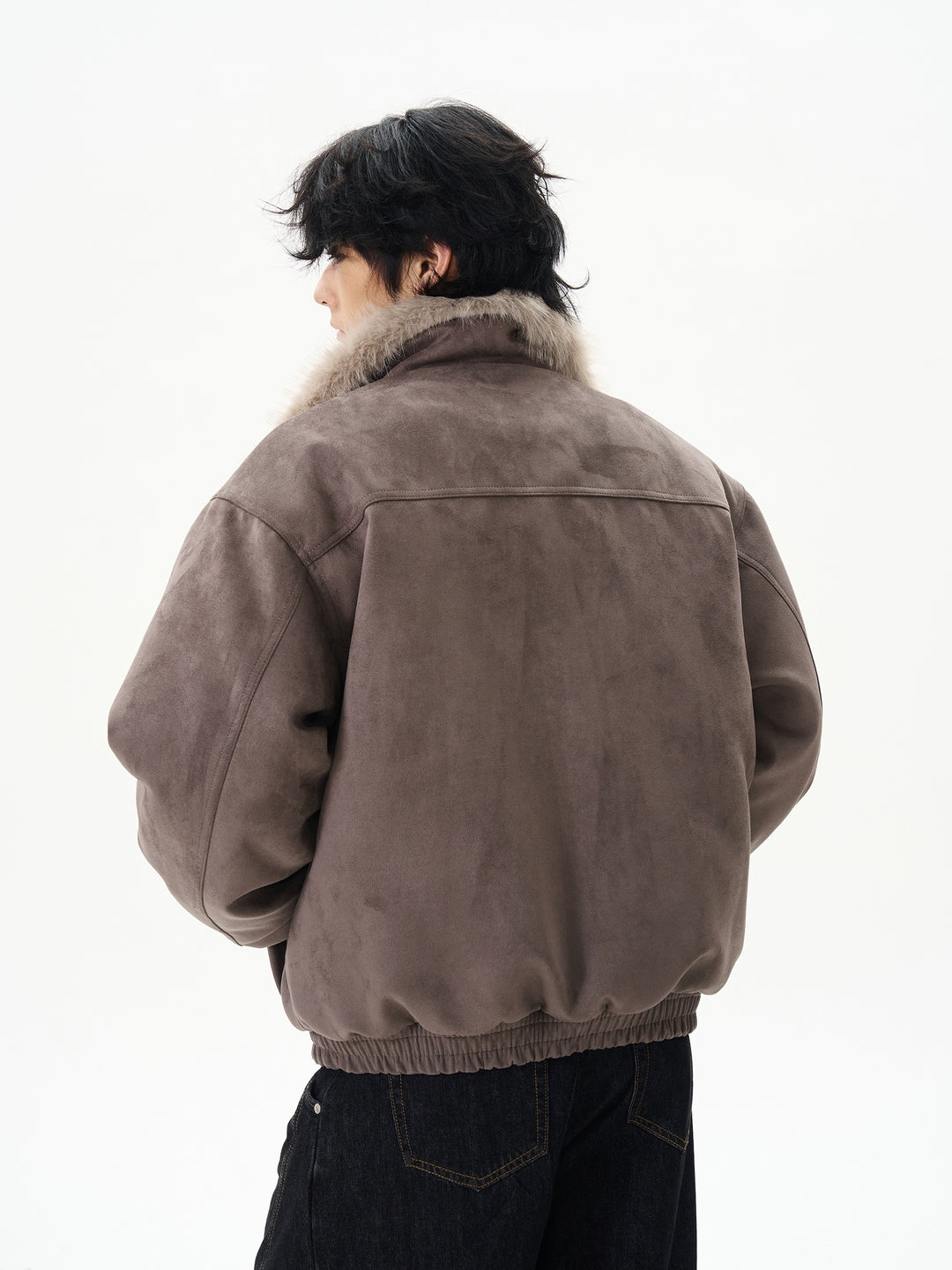 Insulated Suede Jacket with Fur Trim