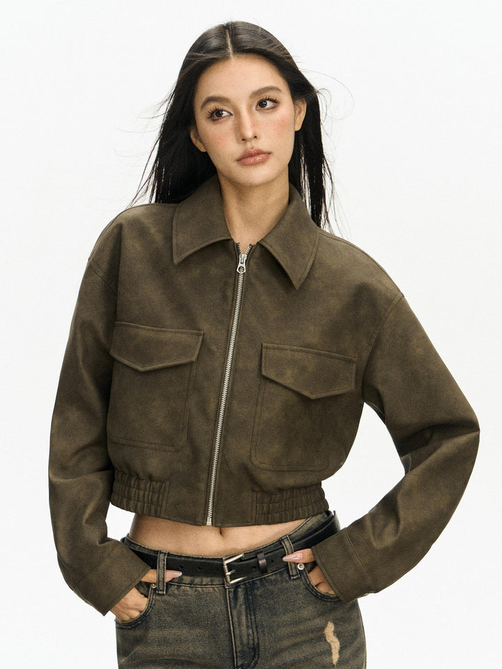 Faux Suede Double Pocket Zipper Jacket