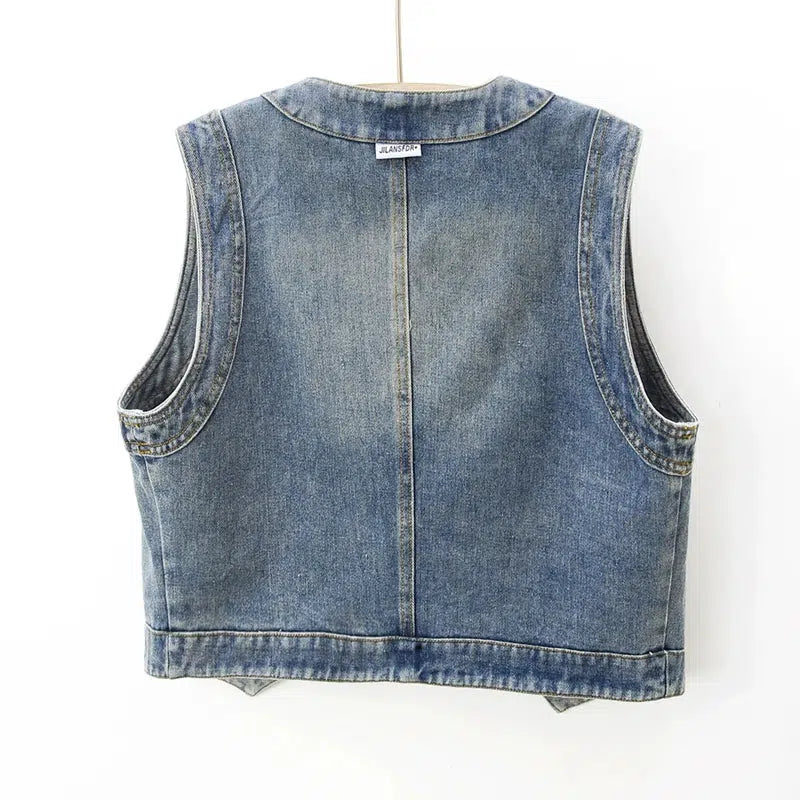 Retro Round Neck Denim Vest-The Korean Fashion