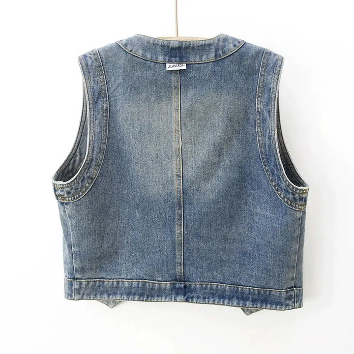 Retro Round Neck Denim Vest-The Korean Fashion