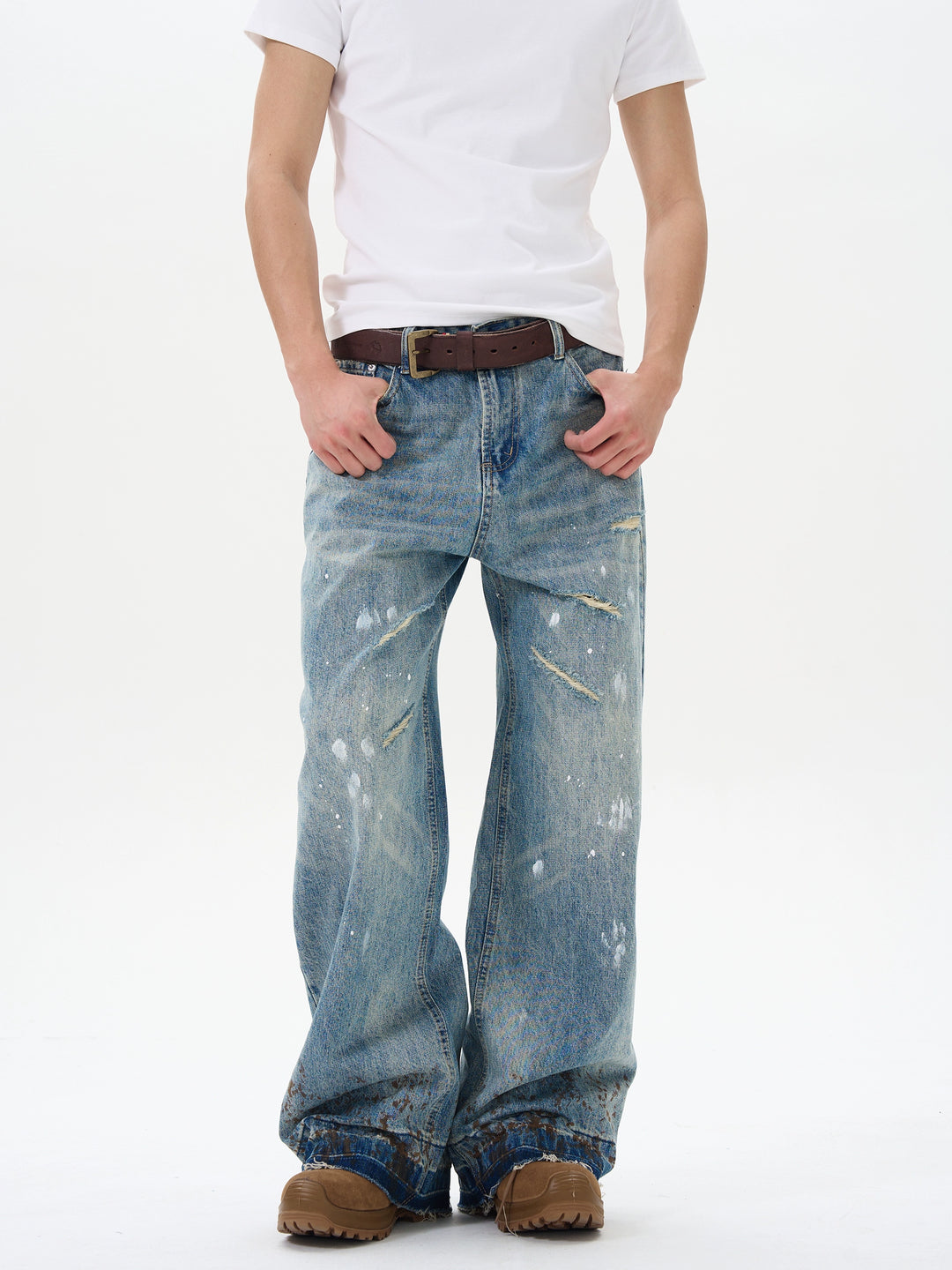 Wide-Leg Ink-Splashed Denim Pants