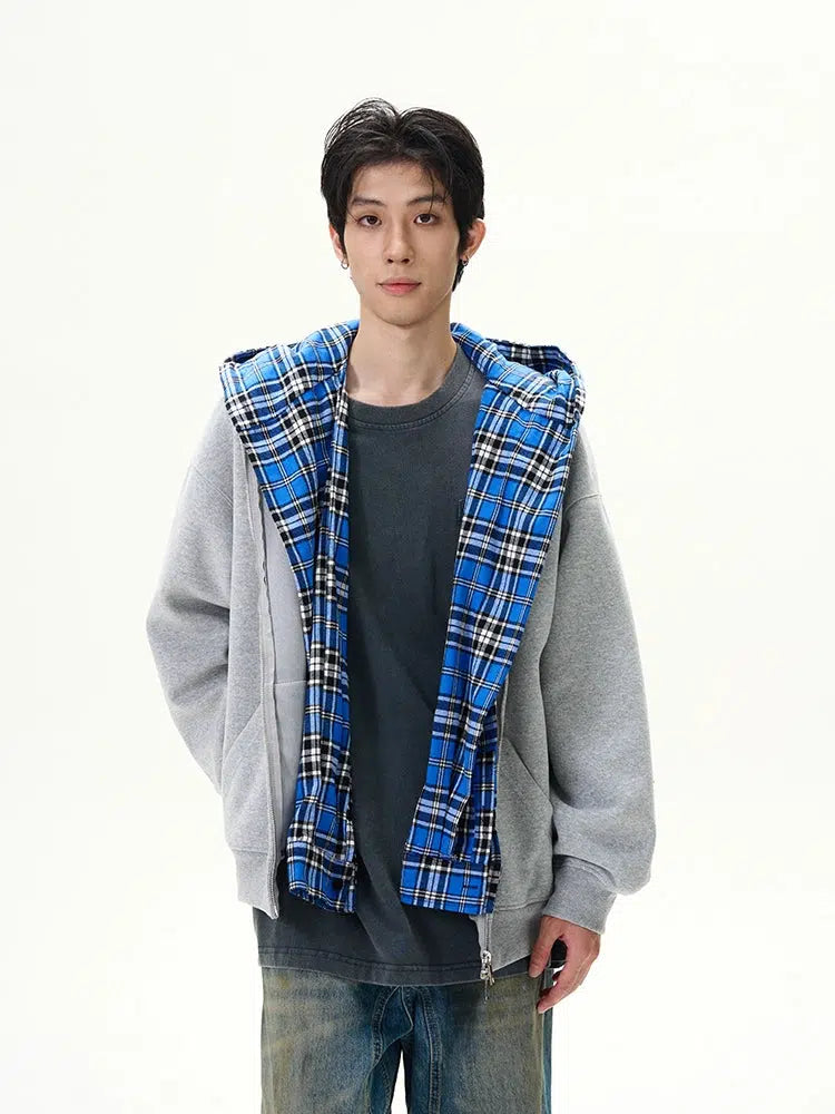 Retro Plaid Patchwork Hooded Zipper Sweatshirt-The Korean Fashion