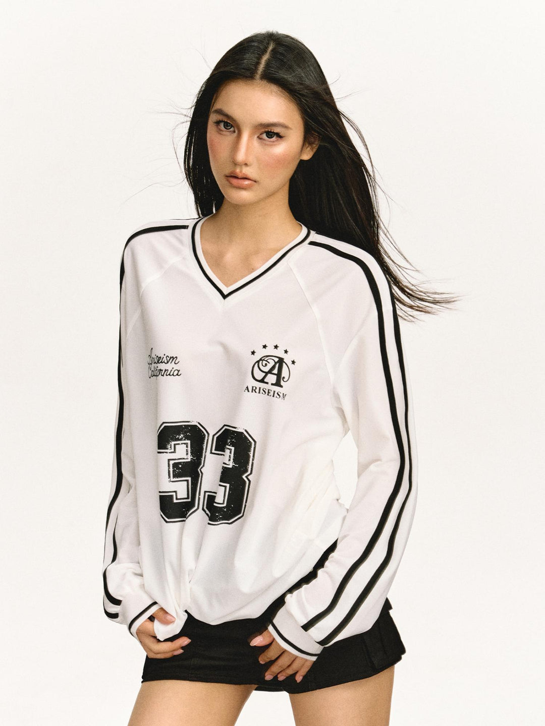 Retro V-Neck Long Sleeve Jersey Top