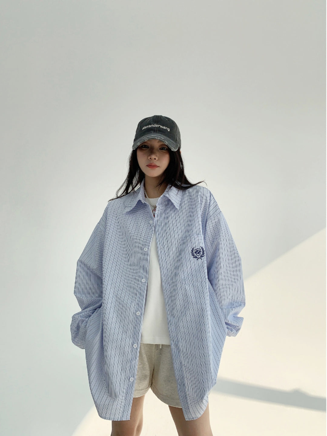 Oversized Striped Embroidered Long Shirt