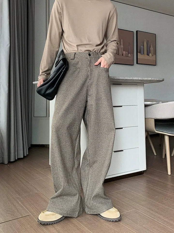 Wide-leg Checked Pleated Trousers