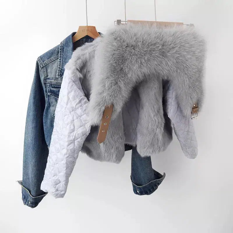 Denim Jacket with Fur Collar and Rabbit Fur Lining-The Korean Fashion