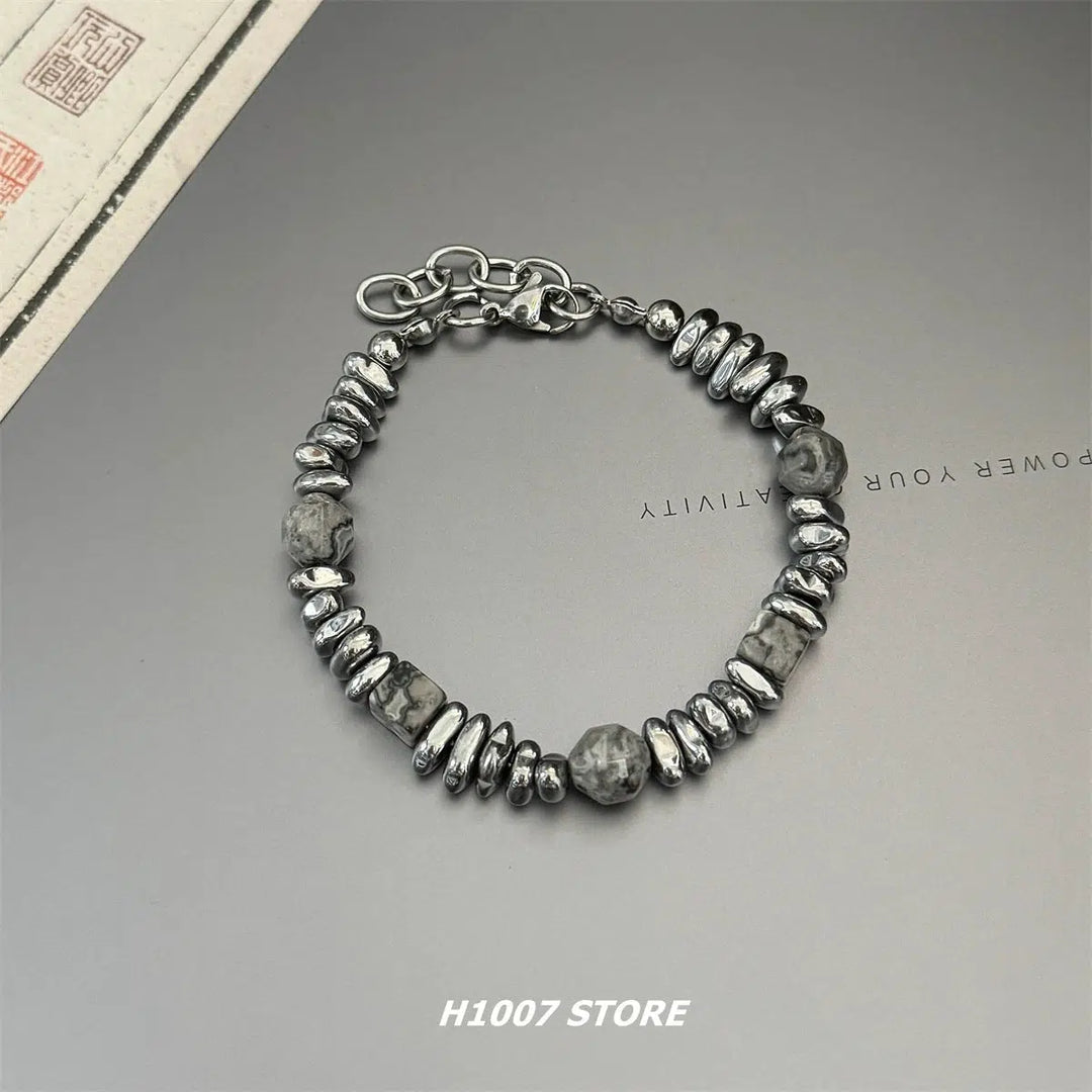 Natural Stone Silver Beaded Bracelet