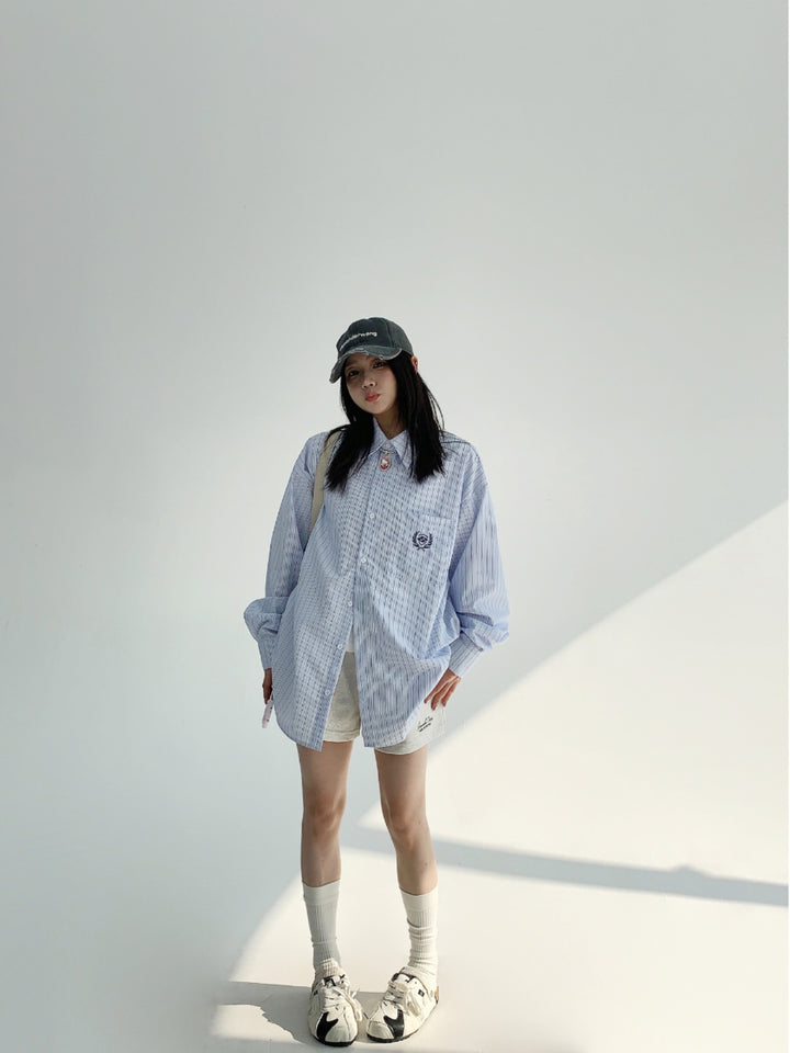 Oversized Striped Embroidered Long Shirt