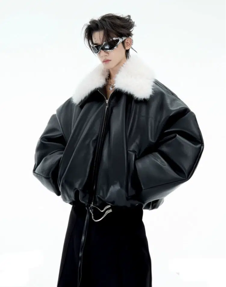 Faux Fur Collar Leather Jacket-The Korean Fashion