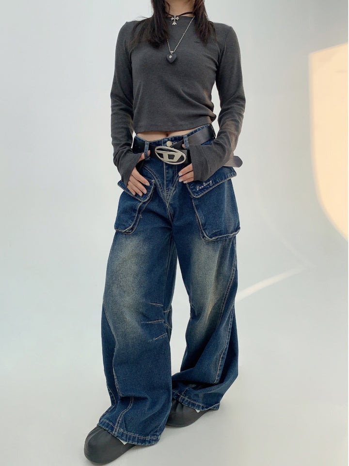 Wide-Leg Denim Cargo Pants