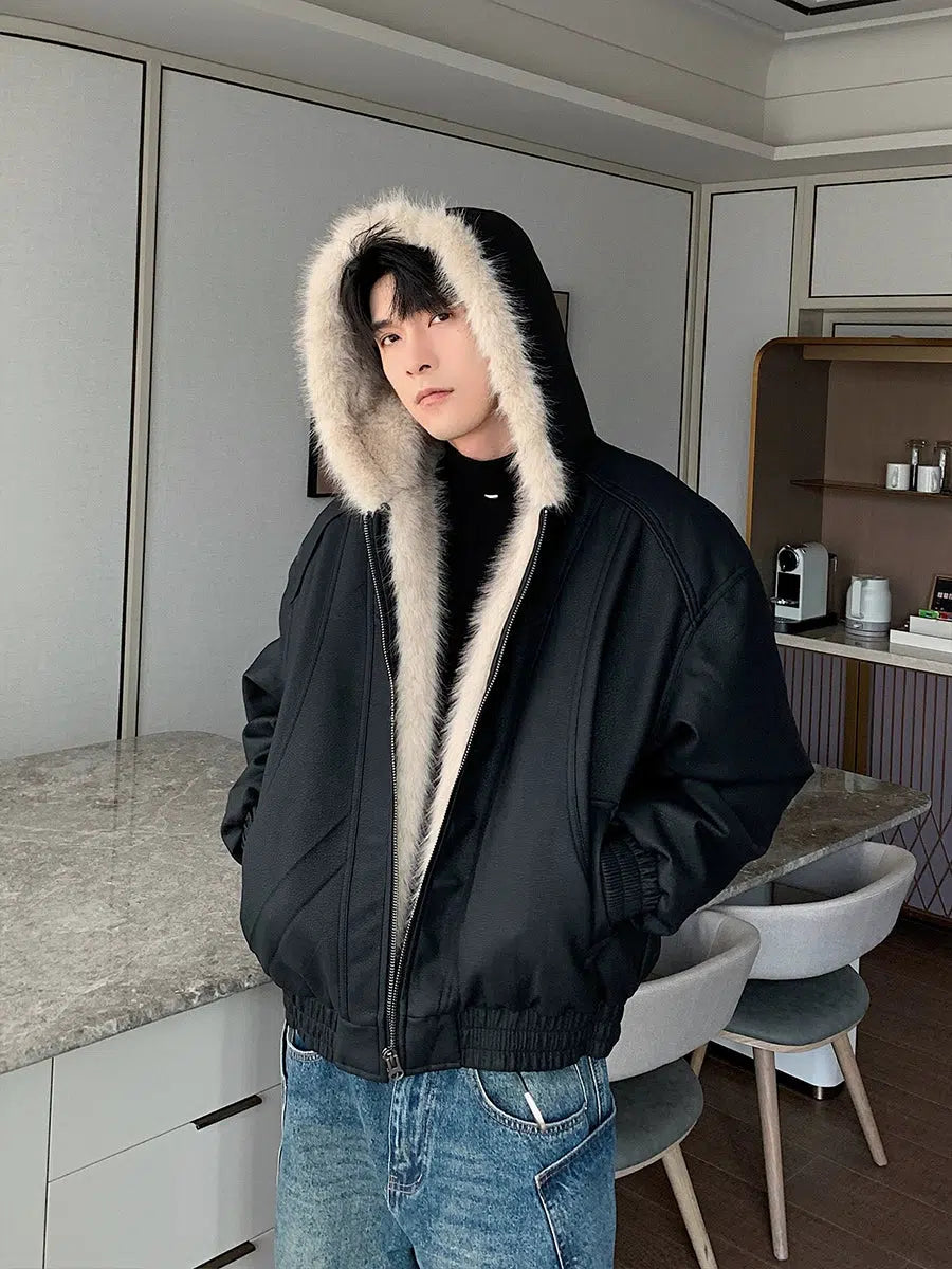 Hooded Faux Fur Leather Jacket-The Korean Fashion