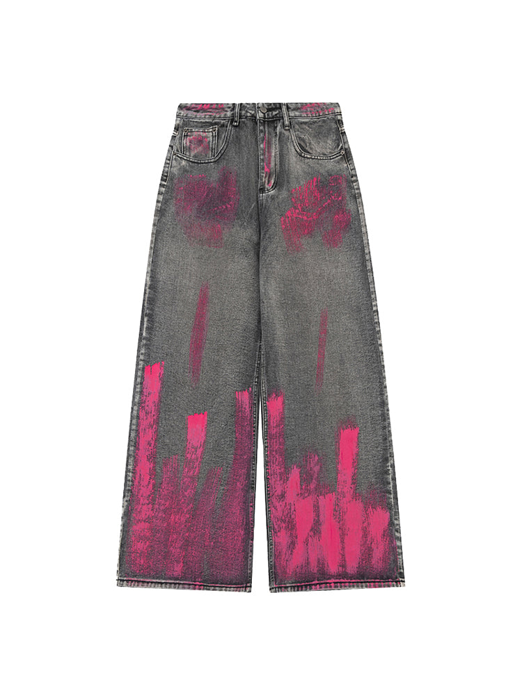 Graffiti Drape Weite-Bein Jeanshose 