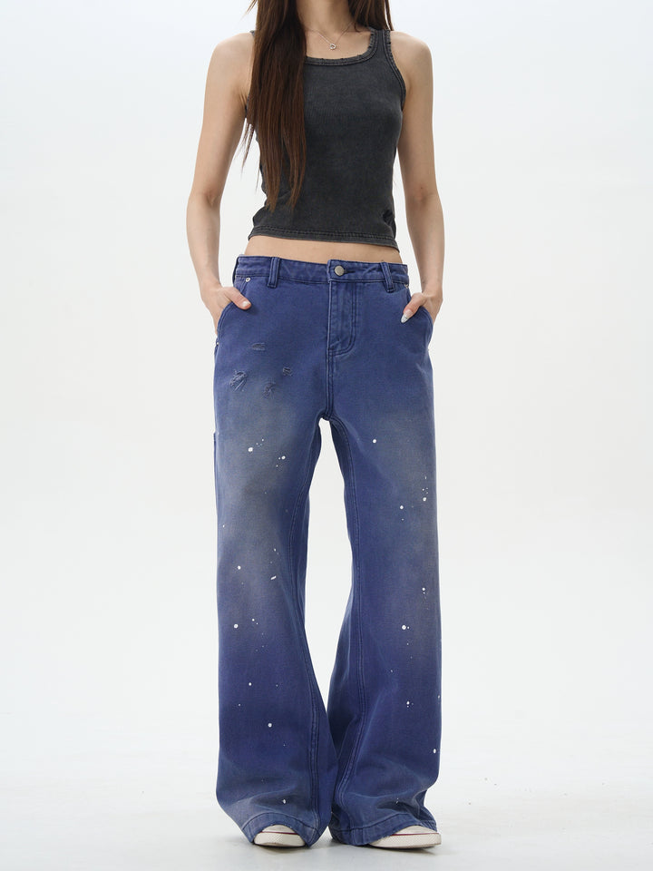 Vintage Ink-Splashed Denim Pants