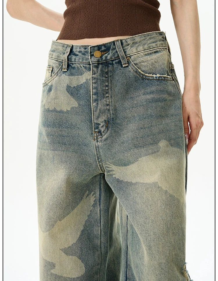 Pigeon Print Loose Straight Jeans