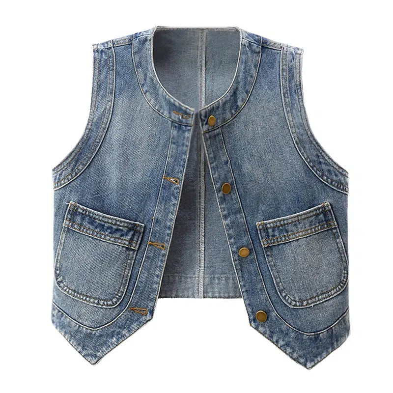 Retro Round Neck Denim Vest-The Korean Fashion