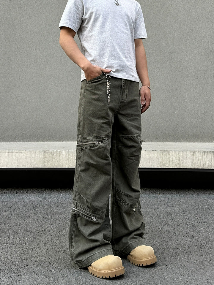 Wide-Leg Zipper Cargo Pants