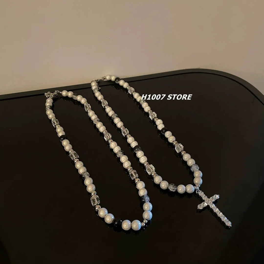 Pearl Cross Pendant Titanium Necklace