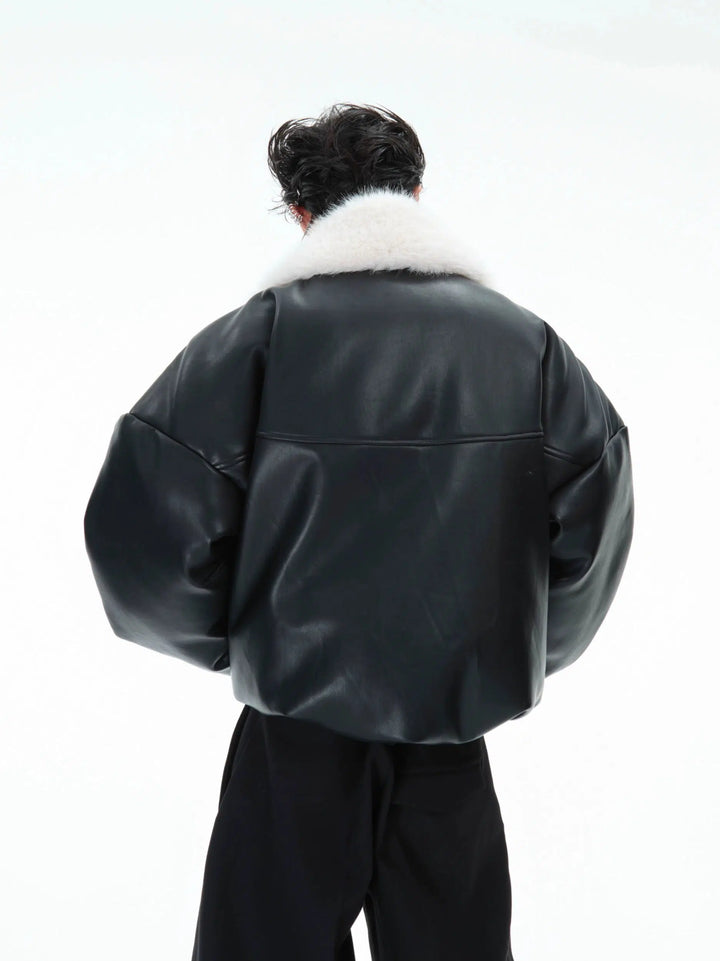 Faux Fur Collar Leather Jacket-The Korean Fashion