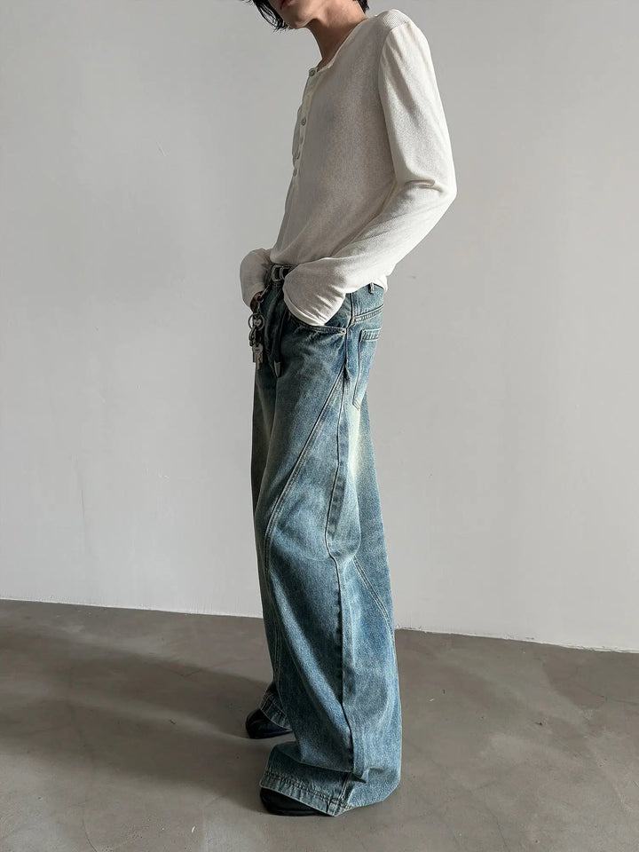 Wide-Leg Vintage Distressed Jeans with Stand-up Collar-The Korean Fashion