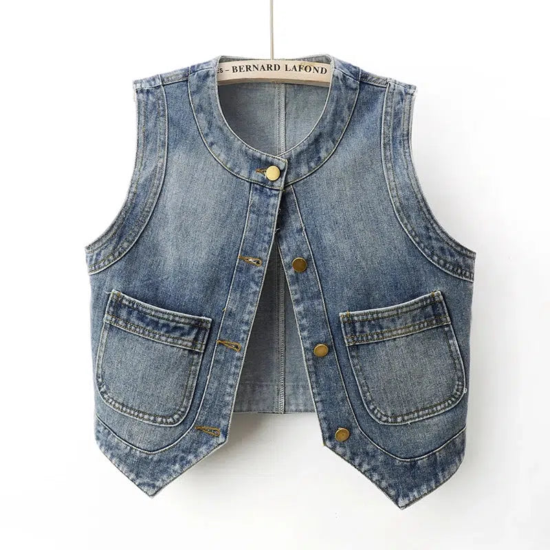 Retro Round Neck Denim Vest-The Korean Fashion