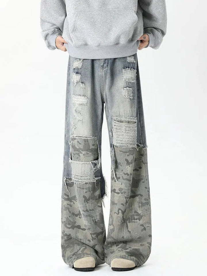 Distressed Patchwork Wide-Leg Jeans