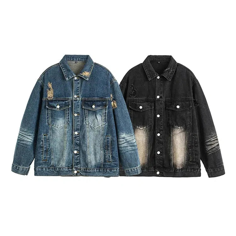 Washed Retro Ripped Denim Jacket with Lapel-The Korean Fashion