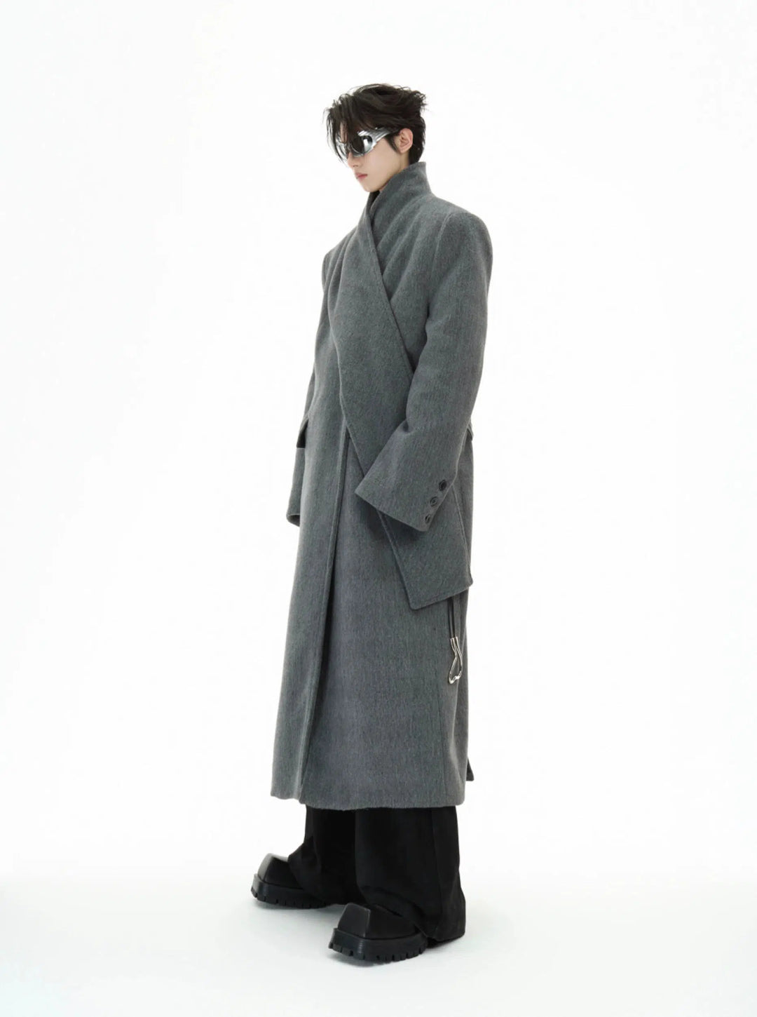 Deconstructed Woolen Long Coat with Metal Strap