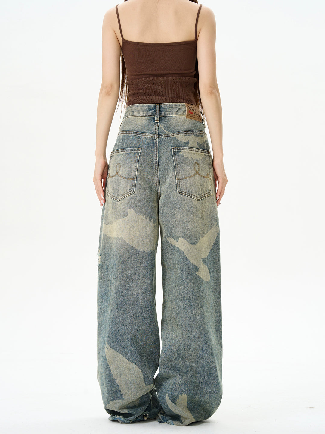 Pigeon Print Loose Straight Jeans