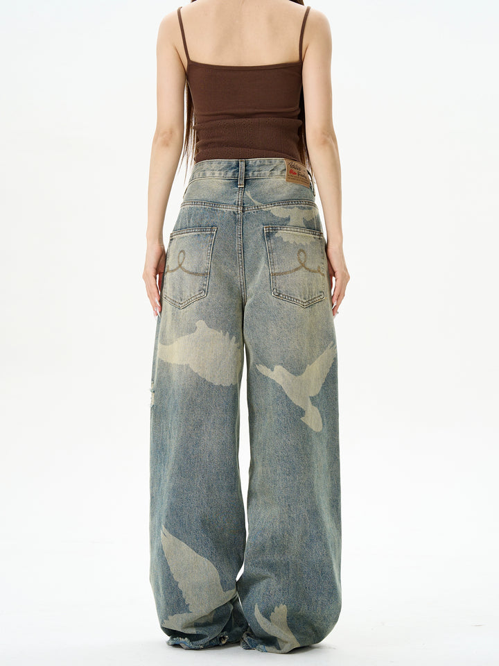 Pigeon Print Loose Straight Jeans