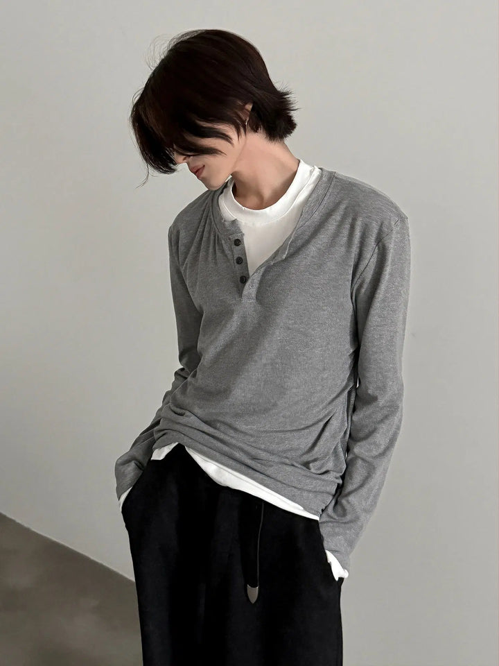 Long-Sleeve Henley Layered Pullover Duo-The Korean Fashion