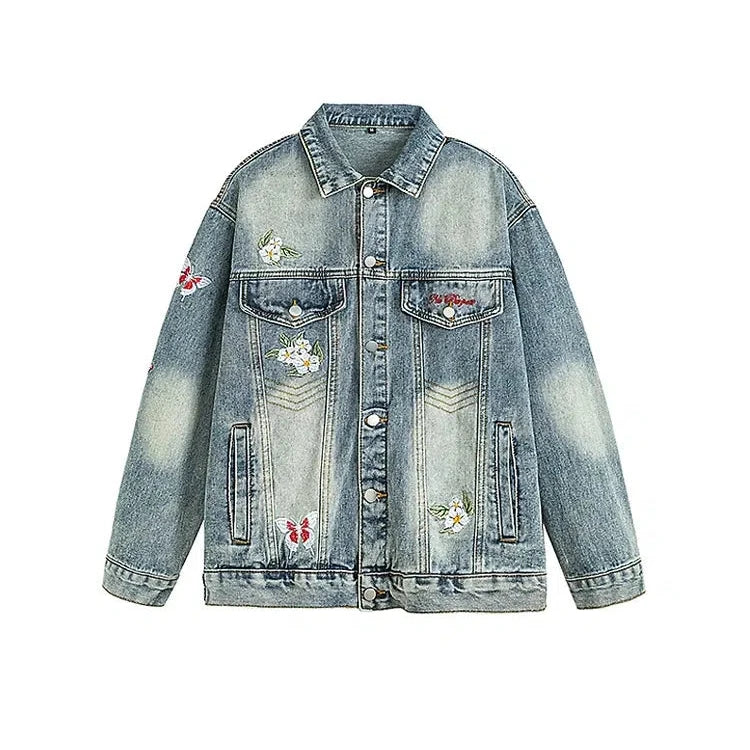 Floral Embroidery Washed Denim Jacket-The Korean Fashion