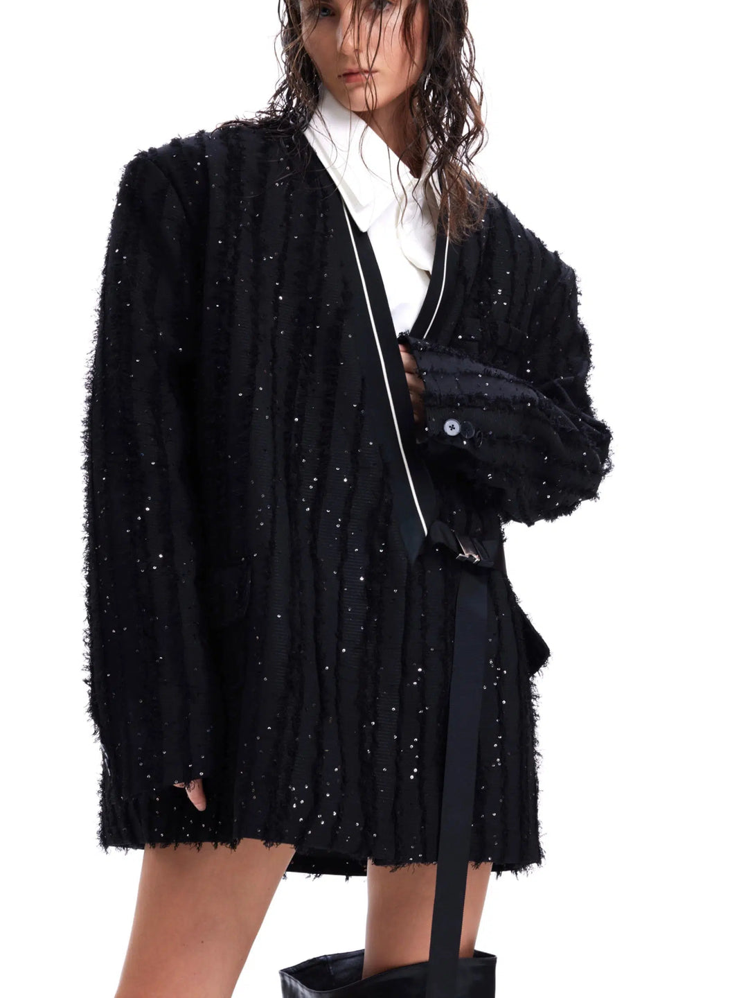 Sequin Tassel Collarless Suit Jacket-The Korean Fashion