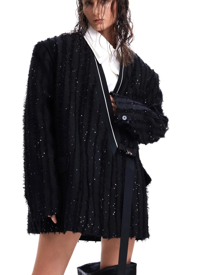 Sequin Tassel Collarless Suit Jacket