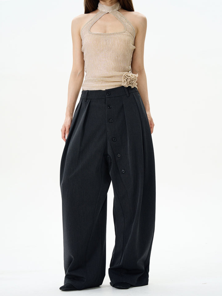 Button-Down Wide-Leg Casual Pants