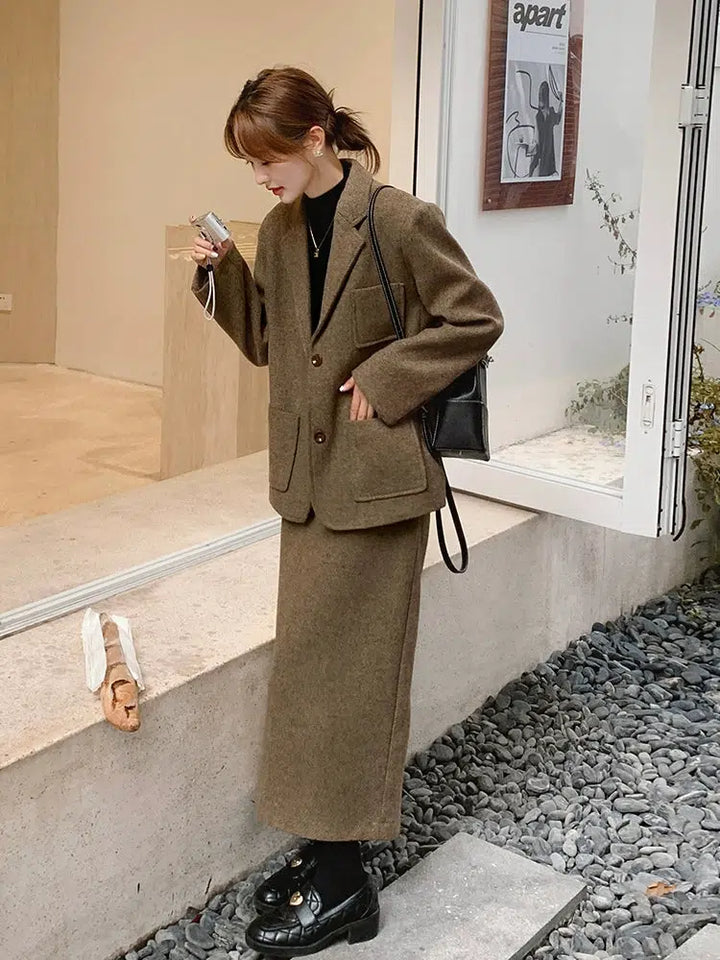 Wool Suit Skirt Two-Piece Set for Autumn/Winter-The Korean Fashion