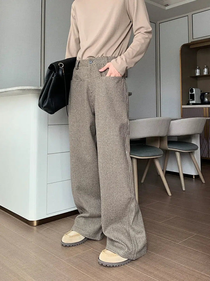 Wide-leg Checked Pleated Trousers