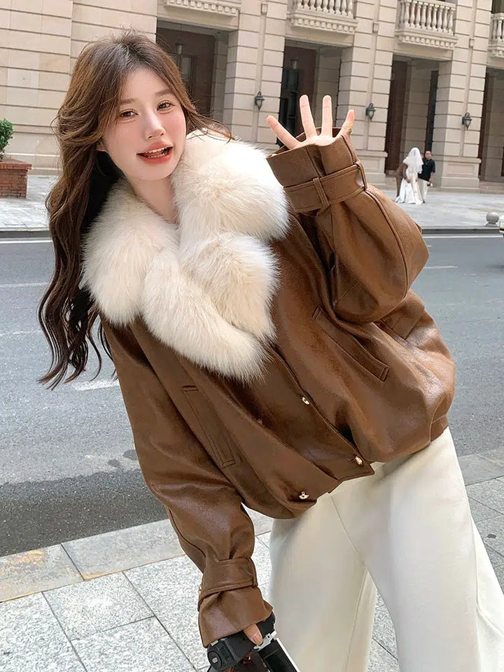 Luxurious Fur Collar Leather Down Jacket