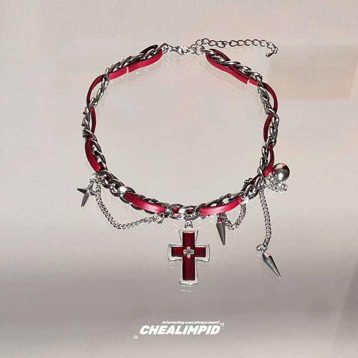 Cross Rivet Chain Choker Necklace