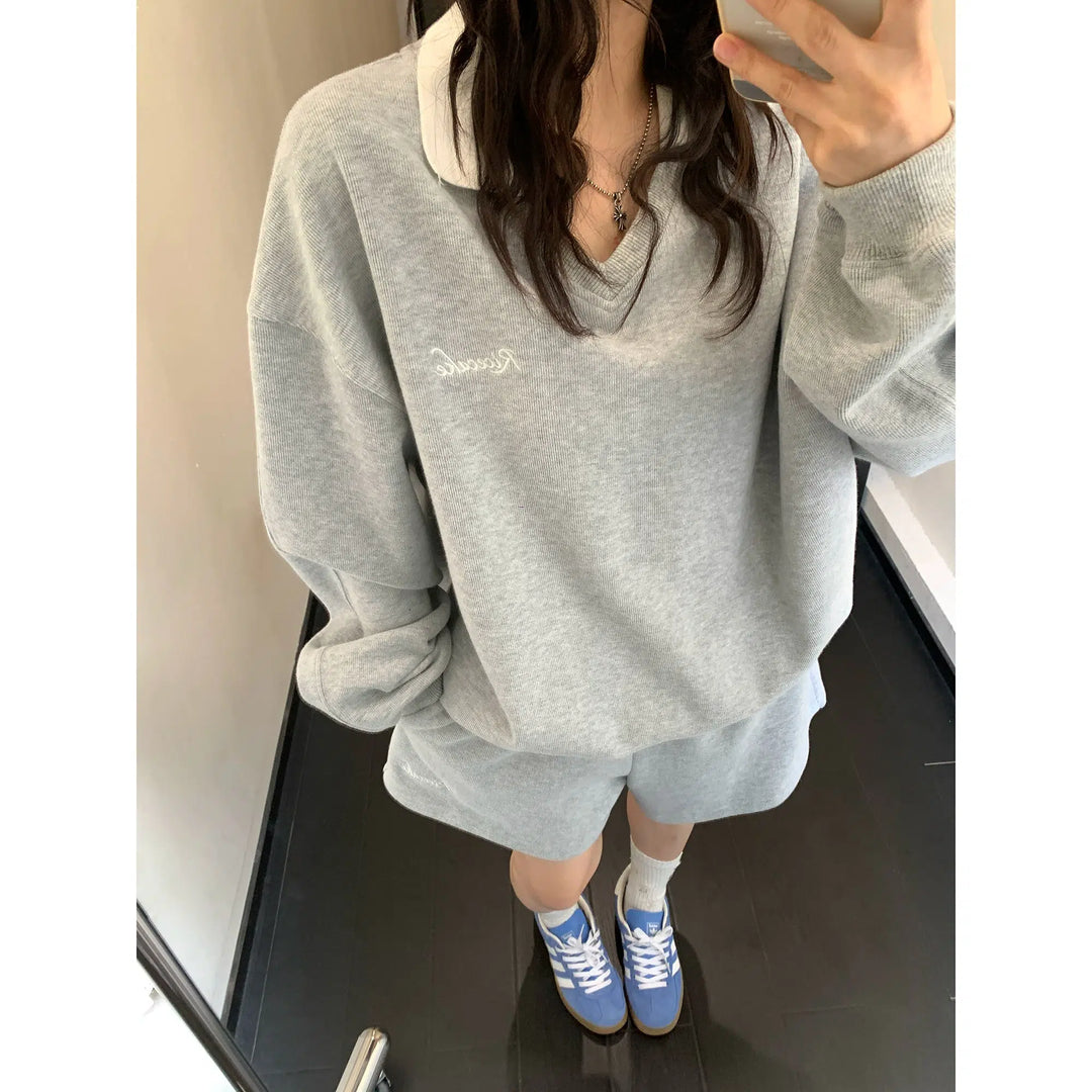 Embroidery V-neck Long Sweatshirt Shorts Set