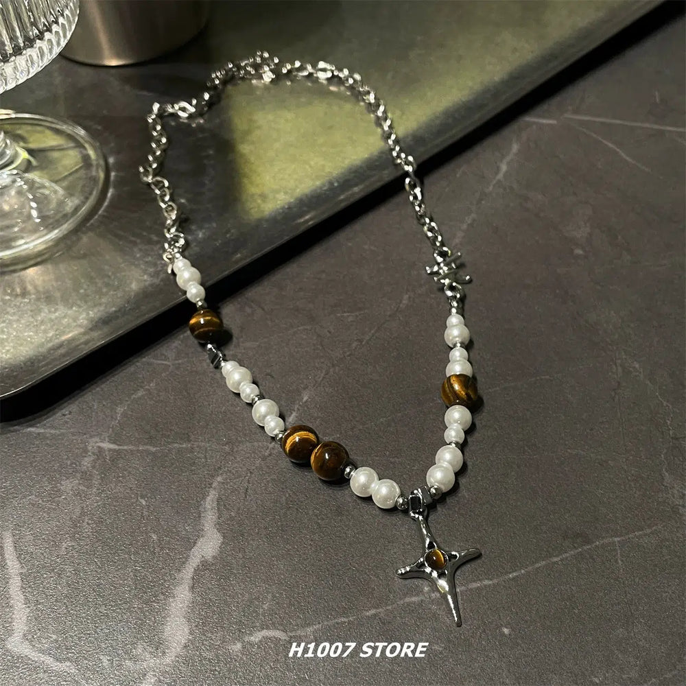 Tiger Eye Beaded Cross Necklace