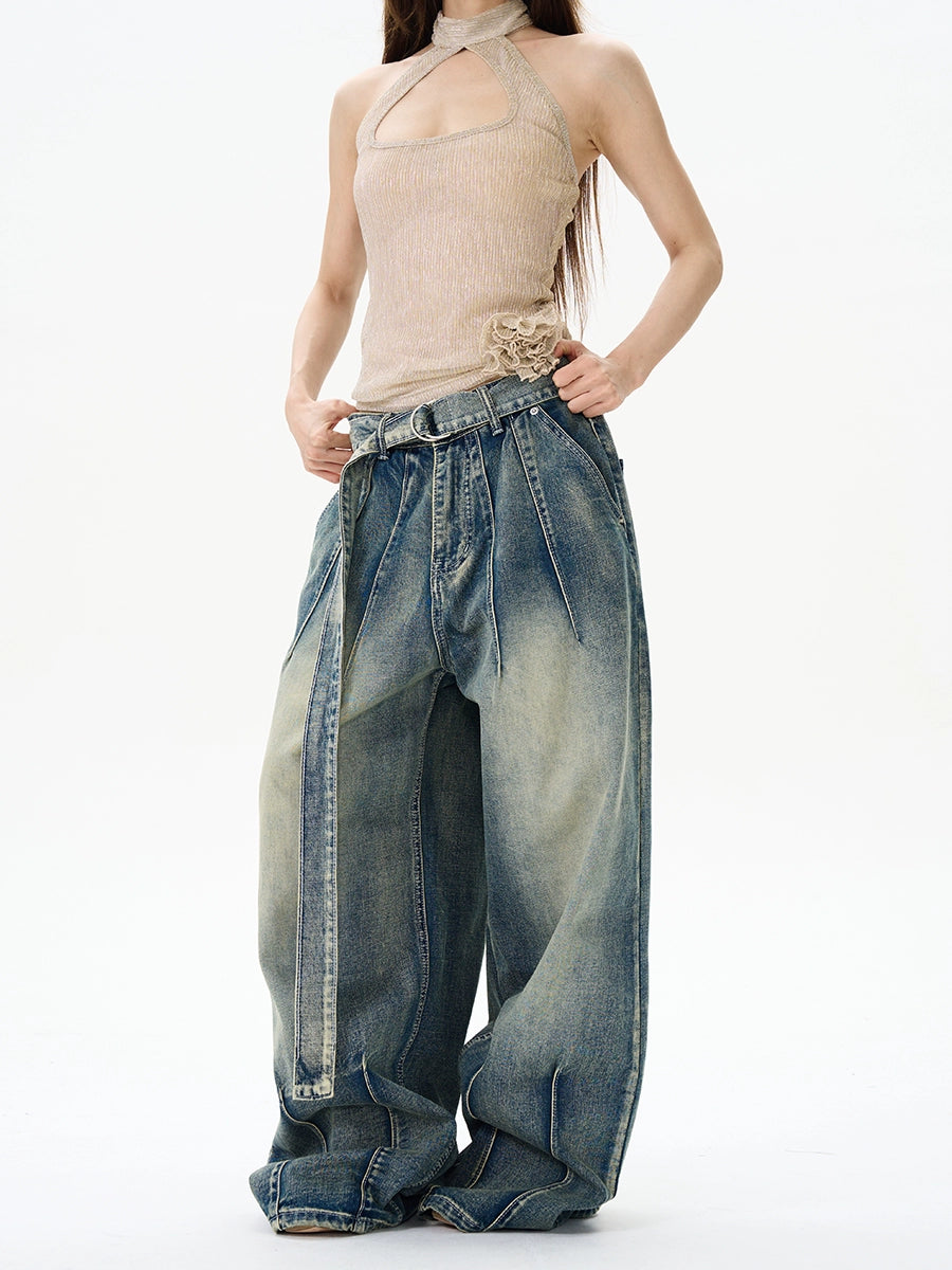 Retro Loose Wide-Leg Belted Jeans