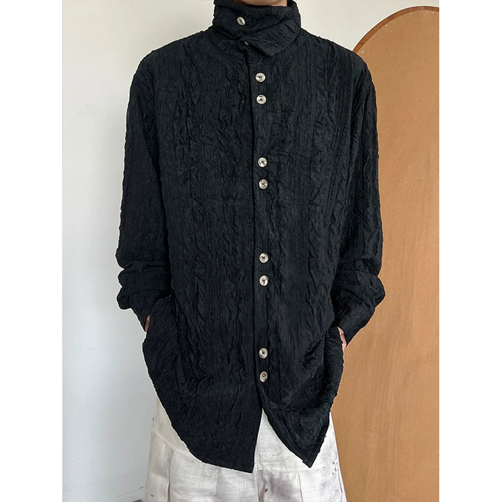 Pleated High Collar Long Sleeve Shirt