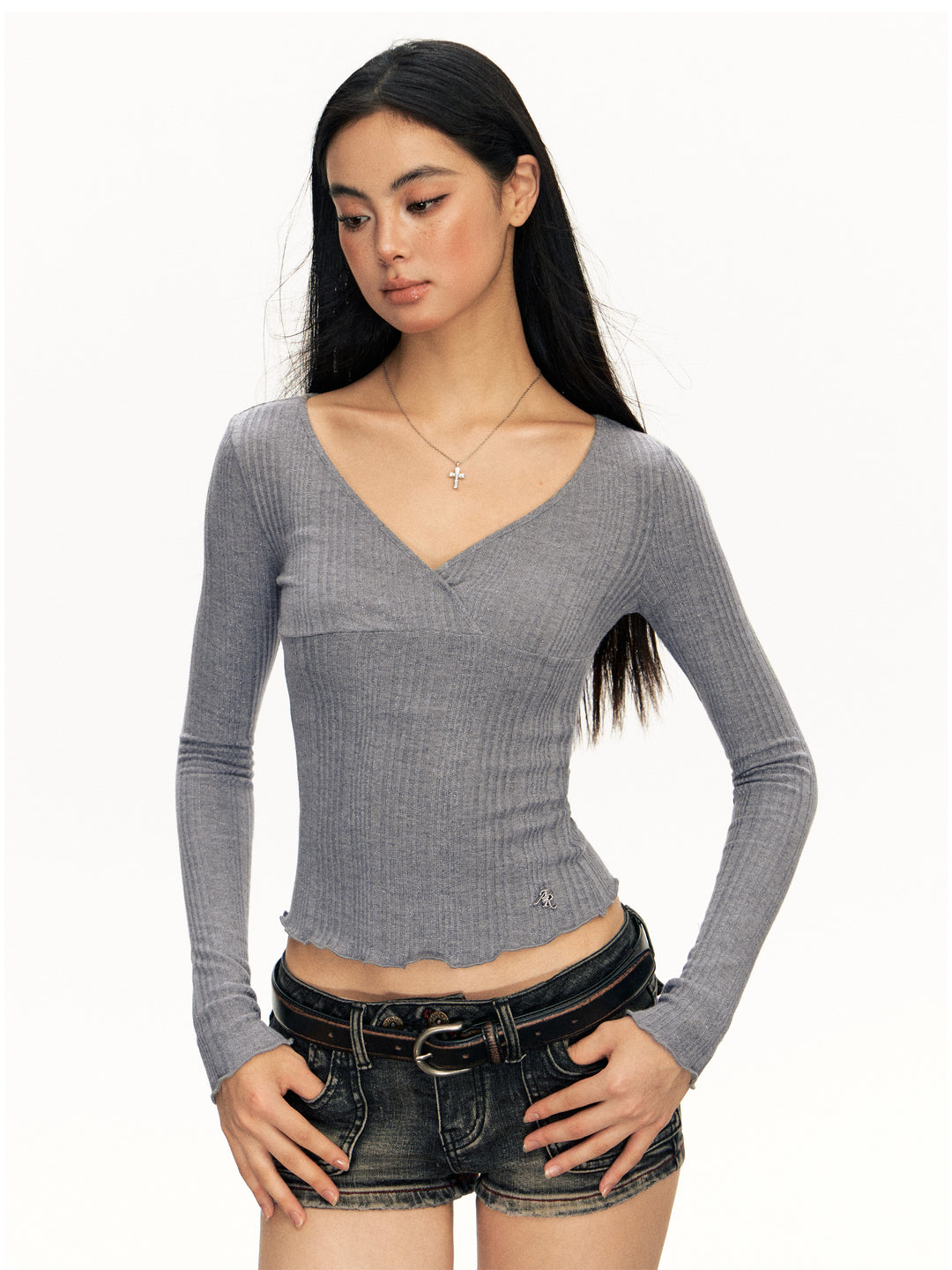 Ribbed Knit Long-Sleeve V-Neck Top