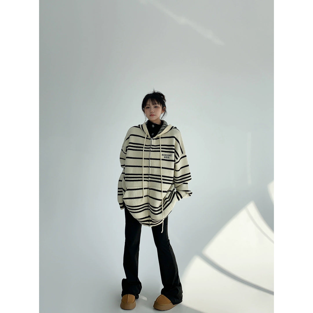 Striped Embroidered Hoodie Sweater-The Korean Fashion