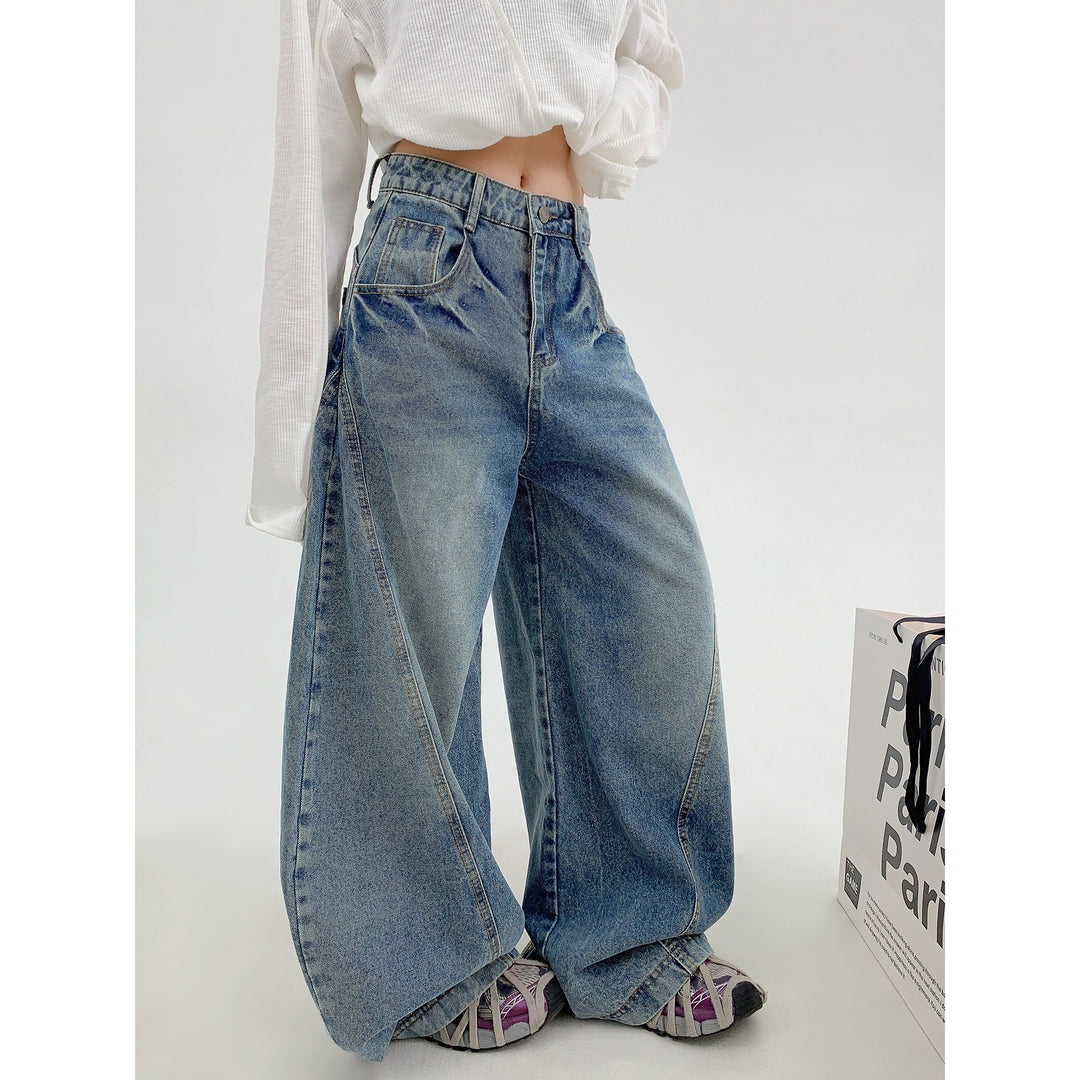 Distressed Wide-Leg Straight Jeans