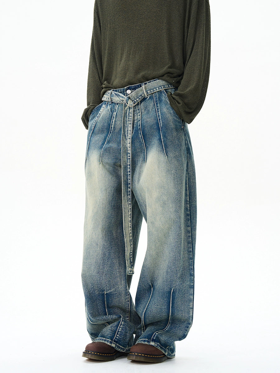 Retro Loose Wide-Leg Belted Jeans