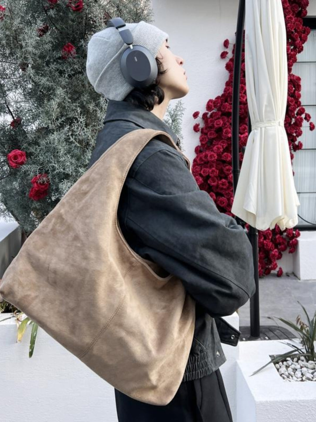 Minimalist Suede Bucket Shoulder Bag